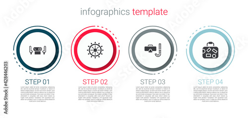 Set Poker table, Ship steering wheel, Diving mask and snorkel and Suitcase. Business infographic template. Vector