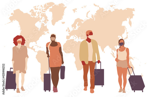 Travelling people wearing masks in front of world map. Medical masks and suitcases. Post-corona travelling concept. Travelling after coronavirus covid19 illustration. 