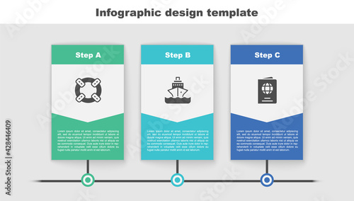 Set Lifebuoy, Cruise ship and Passport. Business infographic template. Vector