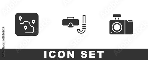 Set Route location, Diving mask and snorkel and Photo camera icon. Vector