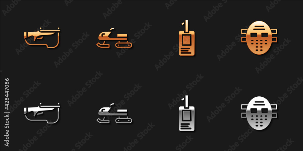 Set Biathlon rifle, Snowmobile, Identification badge and Hockey mask icon. Vector Set Biathlon rifle, Snowmobile, Identification badge and Hockey mask icon. Vector