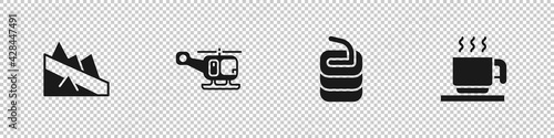 Set Mountain descent, Rescue helicopter, Stone for curling and Hot chocolate cup icon. Vector