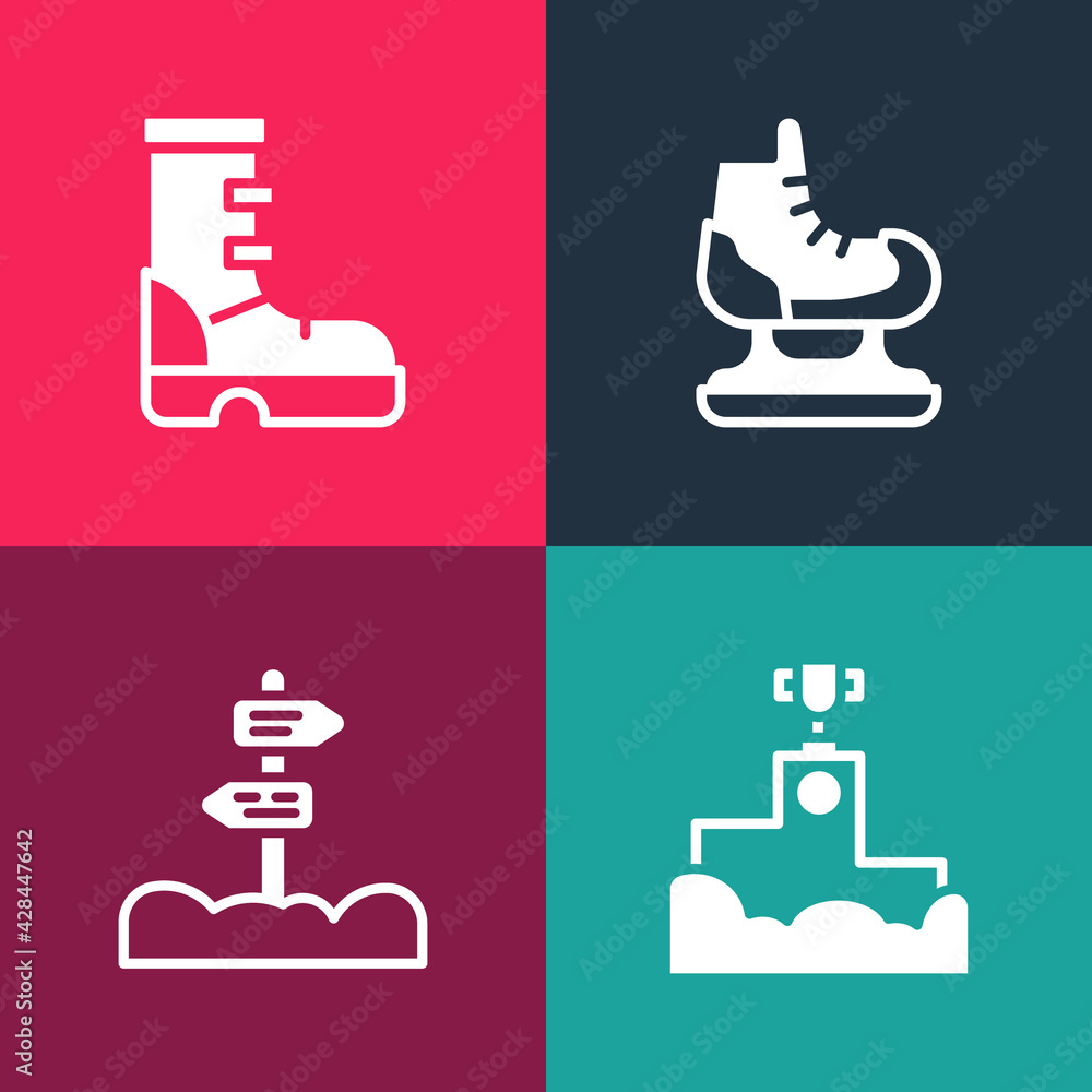 Set pop art Award winner podium, Road traffic signpost, Skates and Waterproof rubber boot icon. Vector Set pop art Award winner podium, Road traffic signpost, Skates and Waterproof rubber boot icon. Vector