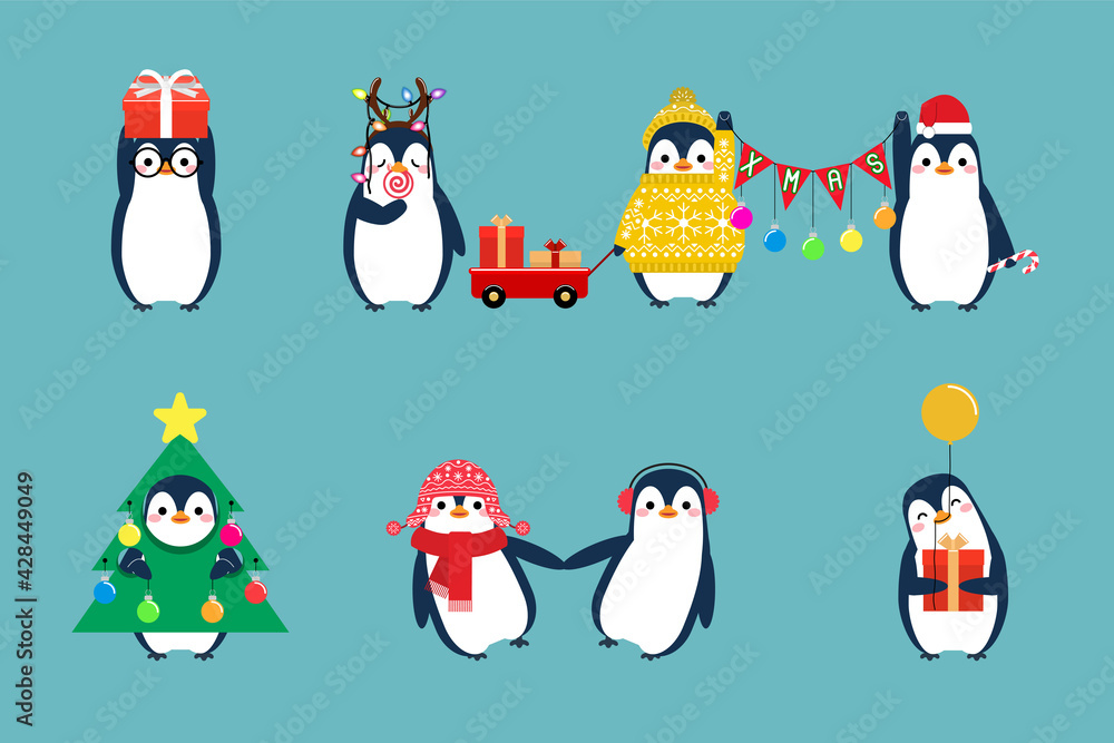Obraz premium Christmas penguin characters. Penguins cartoon vector illustration. 