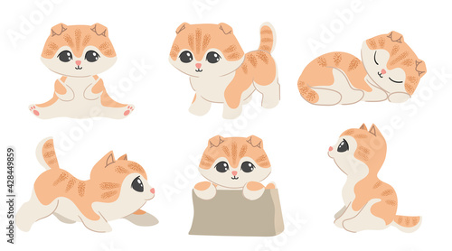 Cartoon kawaii ginger striped kitten set. Different emotions. Sitting, sleeping, playing cat. Cute domestic animal collection. Vector illustrations isolated on white background.