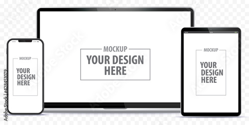 Laptop Computer, Mobile Phone and Tablet PC Mockup. Digital devices screen template vector illustration with transparent background. photo