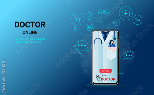 Online doctor on smartphone app with Doctor and patient on screen. Online medical clinic, tele medicine, Online healthcare and medical consultation, Digital health concept. Vector