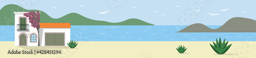 Typical white Mediterranean house with garage and bougainvillea tree in blossom on seashore. Seascape with a house, mountains and seagulls in the sky. Long banner with flat vector illustration.