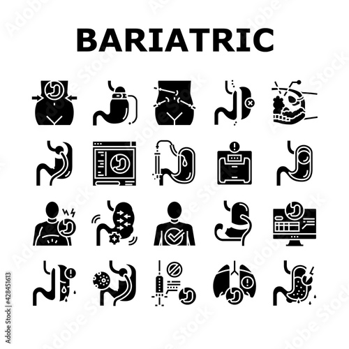 Bariatric Surgery Collection Icons Set Vector. Excess Weight And Risk Of Complications, Severe Bleeding And Result Of Bariatric, Lung Or Breath Problem Glyph Pictograms Black Illustrations