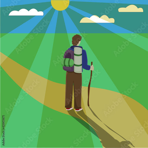 Vector illustration of male traveller with rucksack and walking stick standing on yellow sand path and looking ahead, green grass around, blue sky, clouds and sun on background and sun rays in front