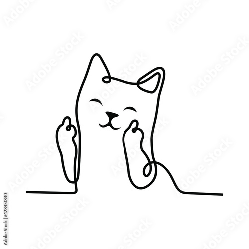 Continuous Line Drawing. Smiling Cat Show Middle Finger Sign Vector Illustration