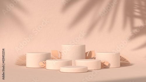 abstract podium showcase for product placement in pastel natural shadow leaves background