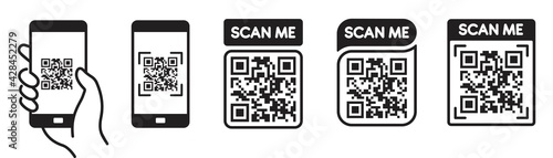 QR code scan icon with smartphone, scan me barcode sign, Vector illustration. photo