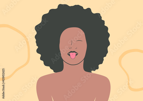 The black girl shows her tongue. Happy girl illustration in abstraction. Bright illustration in minimalism.