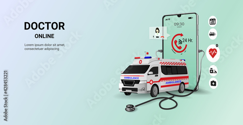 Doctor online on smartphone app with ambulance . Online medical clinic, tele medicine. Online healthcare and medical consultation. Digital health concept. 3D vector