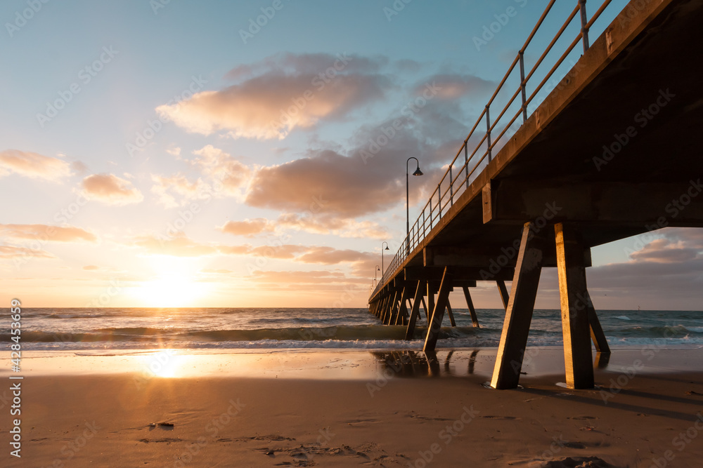 Seaside landscape, beautiful sea sunset. Glenelg Jetty, South Australia, Adelaide.