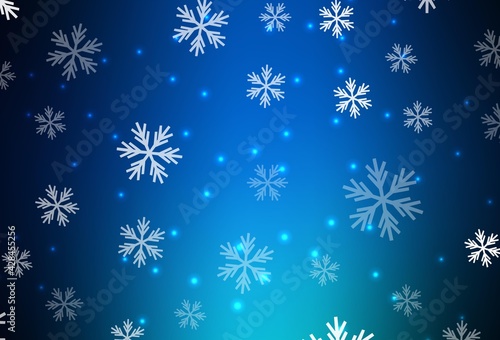 Dark BLUE vector layout with bright snowflakes, stars.