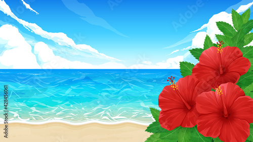 ハイビスカスの花と海の風景の背景イラスト_ビーチ_16:9