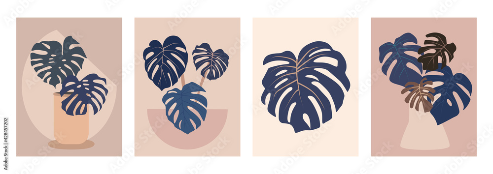 Set of posters collage style botanical monstera leaves, for interior wall art, postcards
