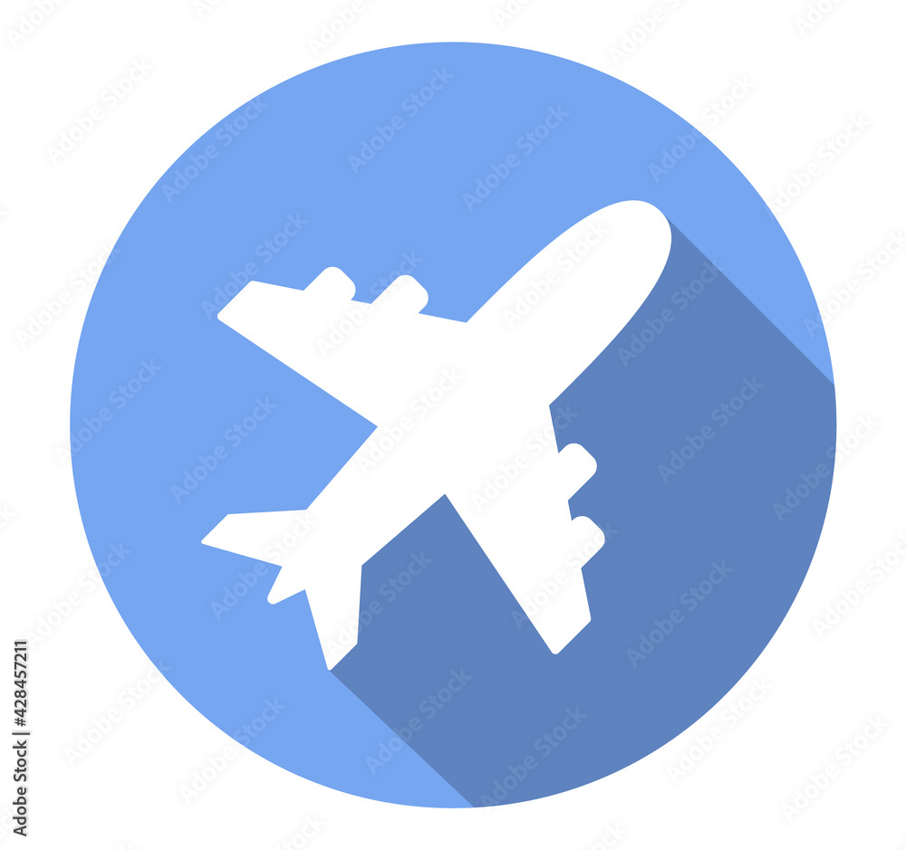 White airplane icon on a blue background. Flat style. Plane logo, travel concept. Vector illustration