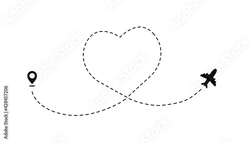 Favorite travel. Love the route of the plane. Heart travel route line for romantic journey concept. Dashed trail, airplane routes. Аn airplane flight route with starting point and dotted line tracing
