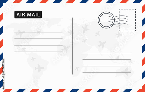 Airmail envelope with postage stamps, stamp, airplane and world map. Vintage postcard with paper texturewith. Vintage postcard template. Postal card design. Travel postcard blank. Vector illustration