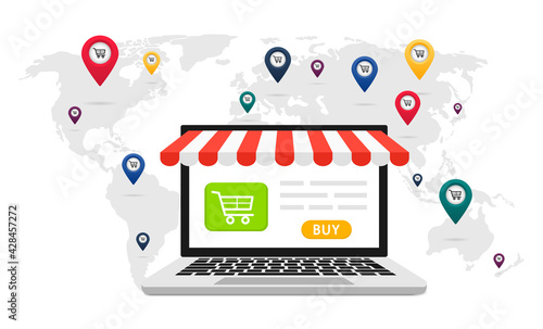 Concept of online trading around the world. Laptop on the background of the world map with location flags. Banner for marketing and promotion ecommerce. Online store, shopping. Open laptop with awning