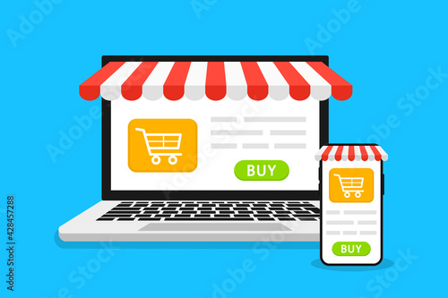 Online shopping. Laptop and smartphone with awning. Website on the open laptop and smartphone with and screen buy. Banner for marketing and promotion ecommerce. Online store concept. Vector