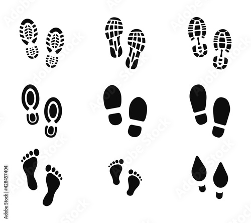 Collection of footprints shoes human walking and shoe sole feet footsteps people. Foot print, set with shoes bare feet and boot print. Paws people. Human footprints icons. Vector illustration