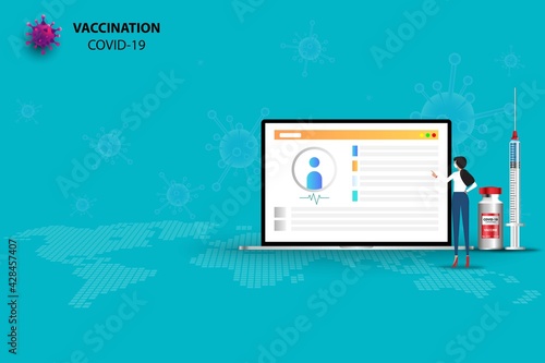 Concept of vaccination to protect coronavirus, doctor wear a face mask and working on a big screen of laptop and standing near syringe and vaccine bottle to prepare and inject to the patient.