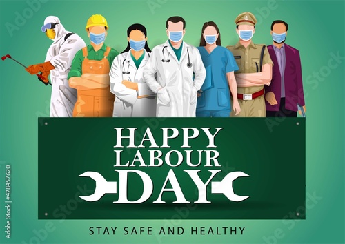 A Group Of People Of Different Professions. Doctor, police, business man, worker. Set of occupations. Labour Day On 1 May. coronavirus, covid-19 concept. vector illustration.	