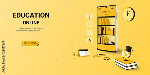 Online education on website and mobile application with book smartphone electronic library. Online training courses. Digital Library. Concept for web, graphic design, Landing page template. vector