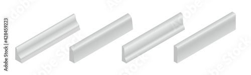 Vector illustration different shapes skirting boards for wall or floor isolated on white background. Set of realistic white baseboard icons in flat cartoon style. Isometric plastic or wood moldings.