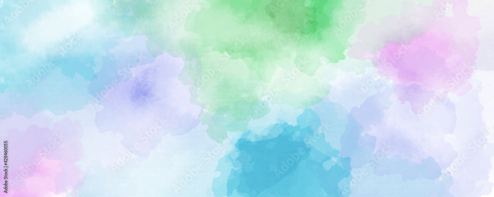 watercolor background in blue, green and violet colors, soft pastel color splash and blotches with fringe bleed painting in abstract clouds shapes with paper