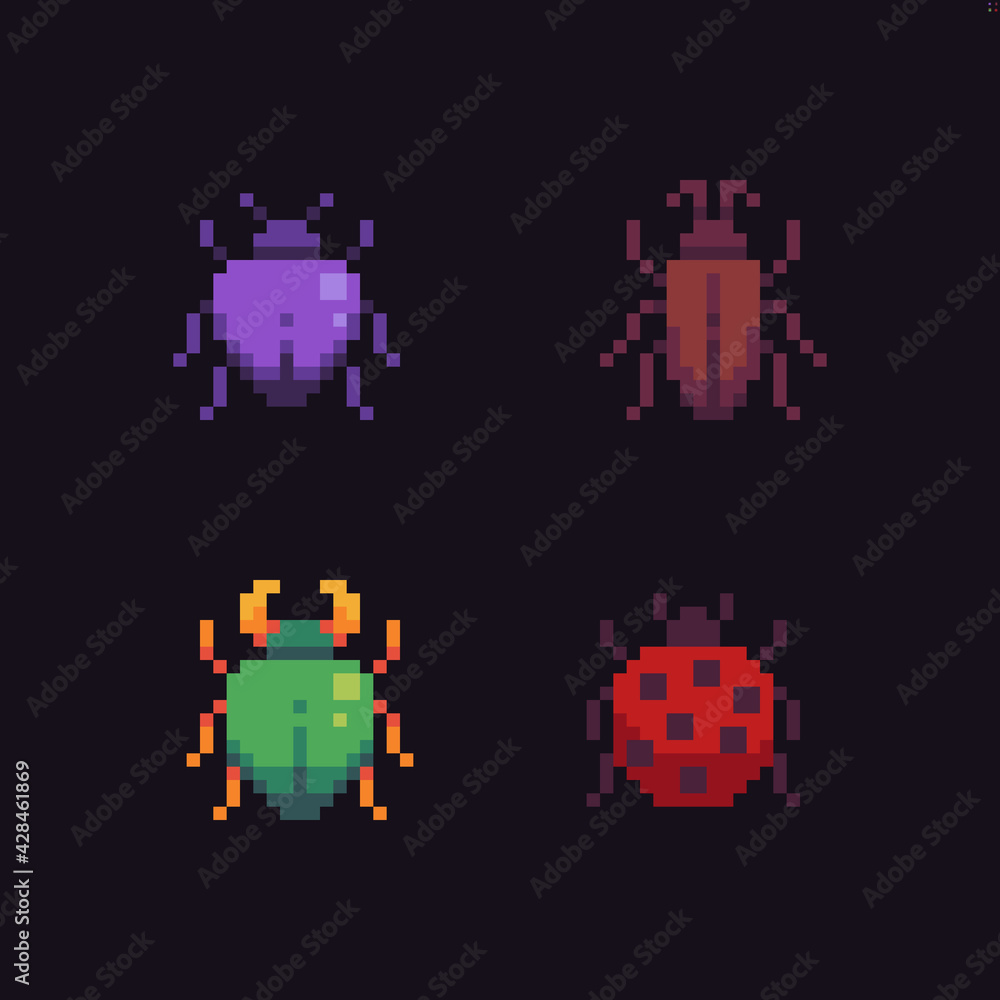 Four tiny pixel art bugs with different color and shape Four tiny pixel art bugs with different color and shape
