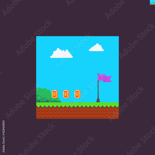 Pixel art videogame scene with red finish flag, coins, bush, clouds, grass and soil