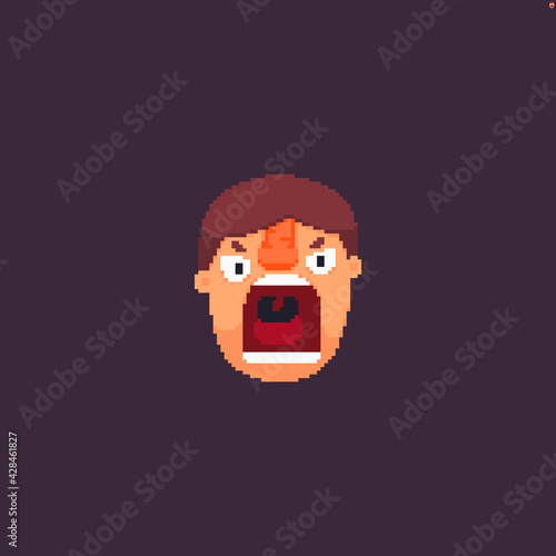 Pixel art male angry person loudly screaming, emotional head isolated on dark background