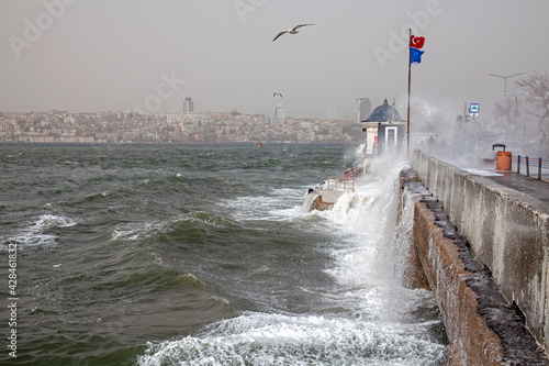 southwest wind storm with waves in Istanbul,Turkey