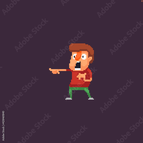 Pixel art male surprized and scared character with his hand outstreched and finger pointing on something afar