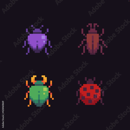Four tiny pixel art bugs with different color and shape