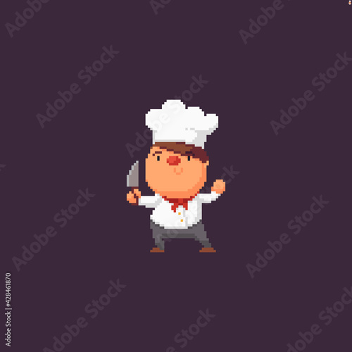 Funky pixel art chef character holding knife