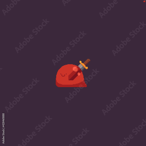 Pixel art red slime jelly character with sword stuck in it
