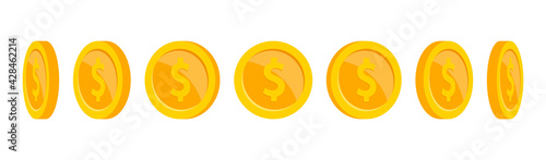 Gold coins animation. Coin rotation at different angles. Golden coins of different shapes. Falling or flying coin with dollar sign. Money jackpot, casino. Vector illustration.