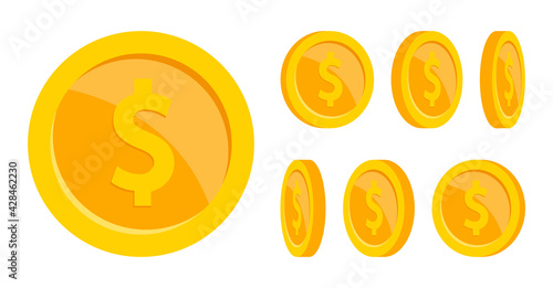 Gold coins animation. Coin rotation at different angles. Golden coins of different shapes. Falling or flying coin with dollar sign. Money jackpot, casino. Vector illustration.