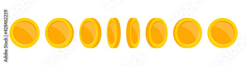 Gold coins animation. Coin rotation at different angles. Golden coins of different shapes. Falling or flying coin. Money jackpot, casino. Vector illustration.
