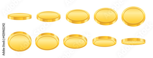 Realistic gold coins animation. Coin rotation at different angles. Golden coins of different shapes. Falling or flying coin. Money jackpot, casino. Vector illustration.