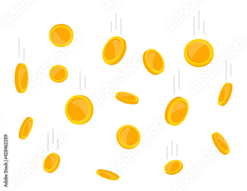 Coins falling from above. Flying gold coins in flat style. Money rain on white background. Casino jackpot. Vector illustration.
