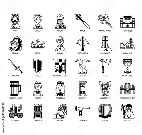 Set of Medieval thin line and pixel perfect icons for any web and app project.