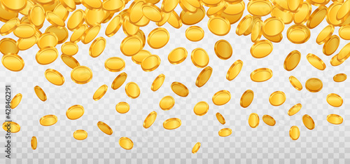Coins falling from above. Flying gold coins. Money rain on transparent background. Casino jackpot. Vector illustration.