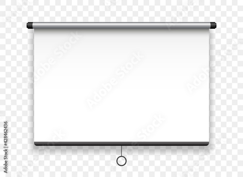Hanging projection screen. Realistic presentation board. Blank screen for projector. Empty whiteboard for conference. Space for your text and design advertising. Vector illustration.